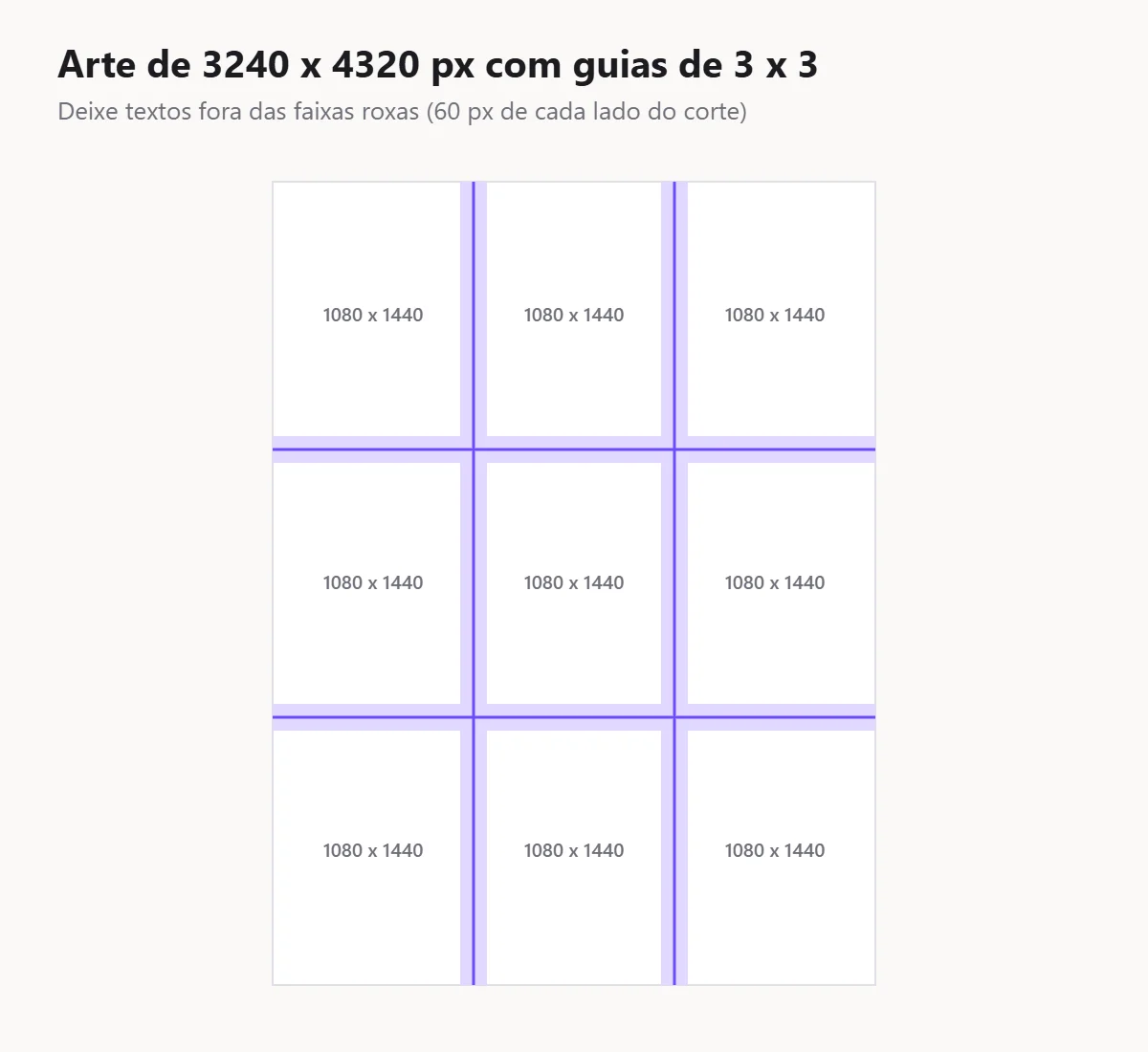 Arte de 3240 x 4320 px no Canva com guias de 3 colunas e 3 linhas